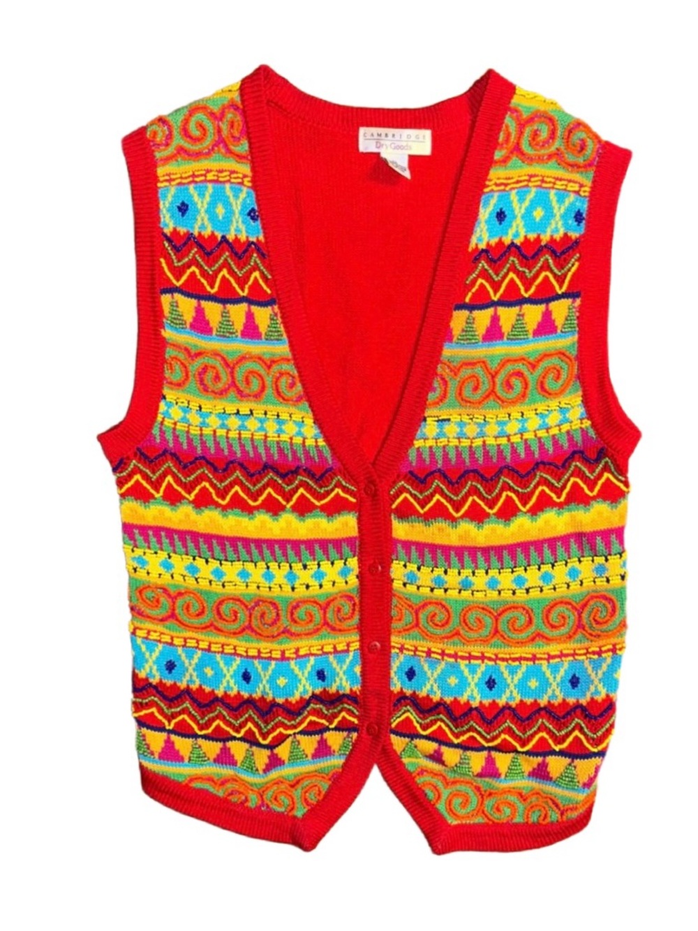 Cambridge Dry Goods ~ Medium ~ Red W/ Multi-Colors Geometric Beaded Sweater Vest